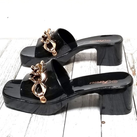 Shoes - New Black Gold Chain Jelly Platform Chunky Heel Slides Sandals